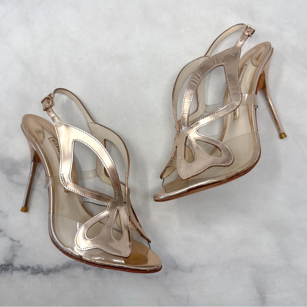 Sophia Webster Madame Butterfly Metallic Chrome Rose Gold Stiletto Sandal Heels